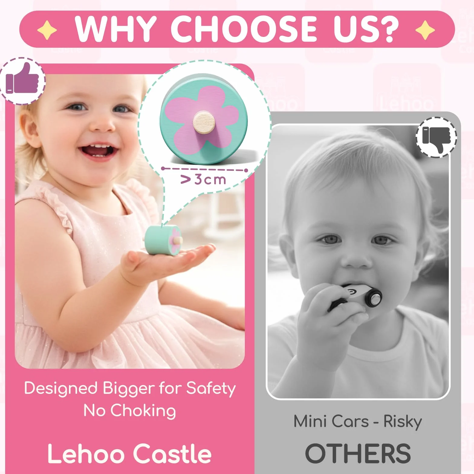 Lehoo Castle, Montessori zabawka dla 1‑latków, drewniana rampa samochodowa Jednorożec, 4 autka, zabawki edukacyjne dla chłopców i dziewczynek 1‑2 lata