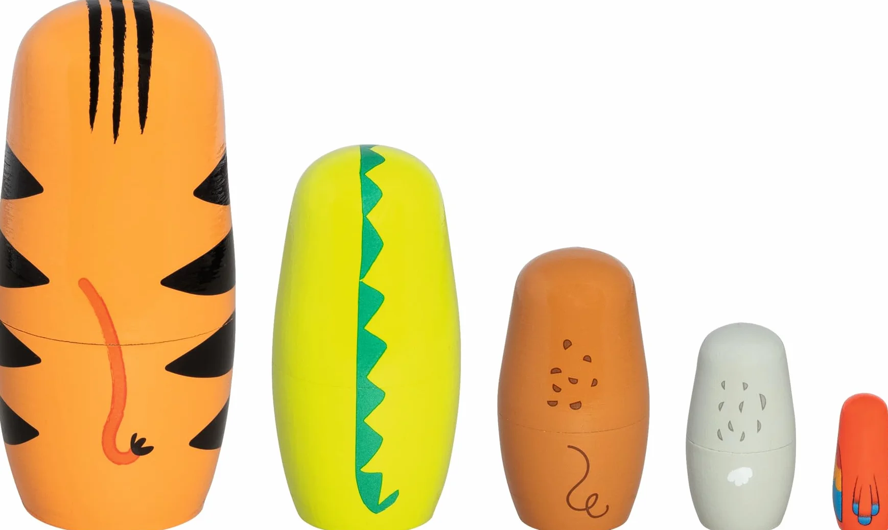 Matroschka Puppen, Tiger Tavi und seine Freunde: Tiger: Höhe: 14,5 cm, Ø 6,5 cm, Holz, 5 Figuren, per Set