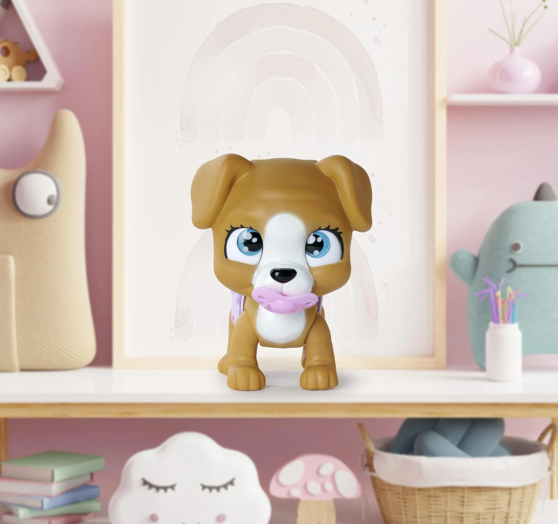 Simba 105953050 Pamper Petz Piesek z funkcją picia i siusiania 15 cm, szczeniaczek z akcesoriami - niespodziankami, magiczna łapka zdradza płeć pupila, zwierzak dla dzieci od 3 lat