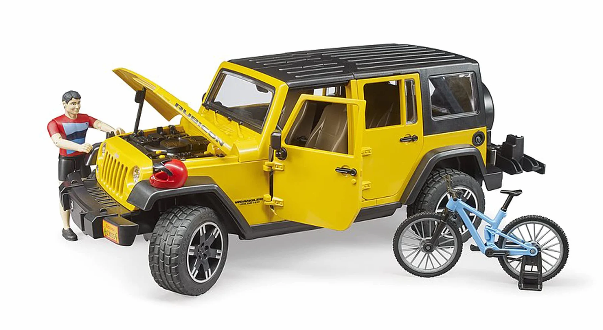 bruder 02543 - Jeep Wrangler Rubicon Unlimited z rowerem górskim i rowerzystą, pojazd terenowy, rower, figurka zabawki