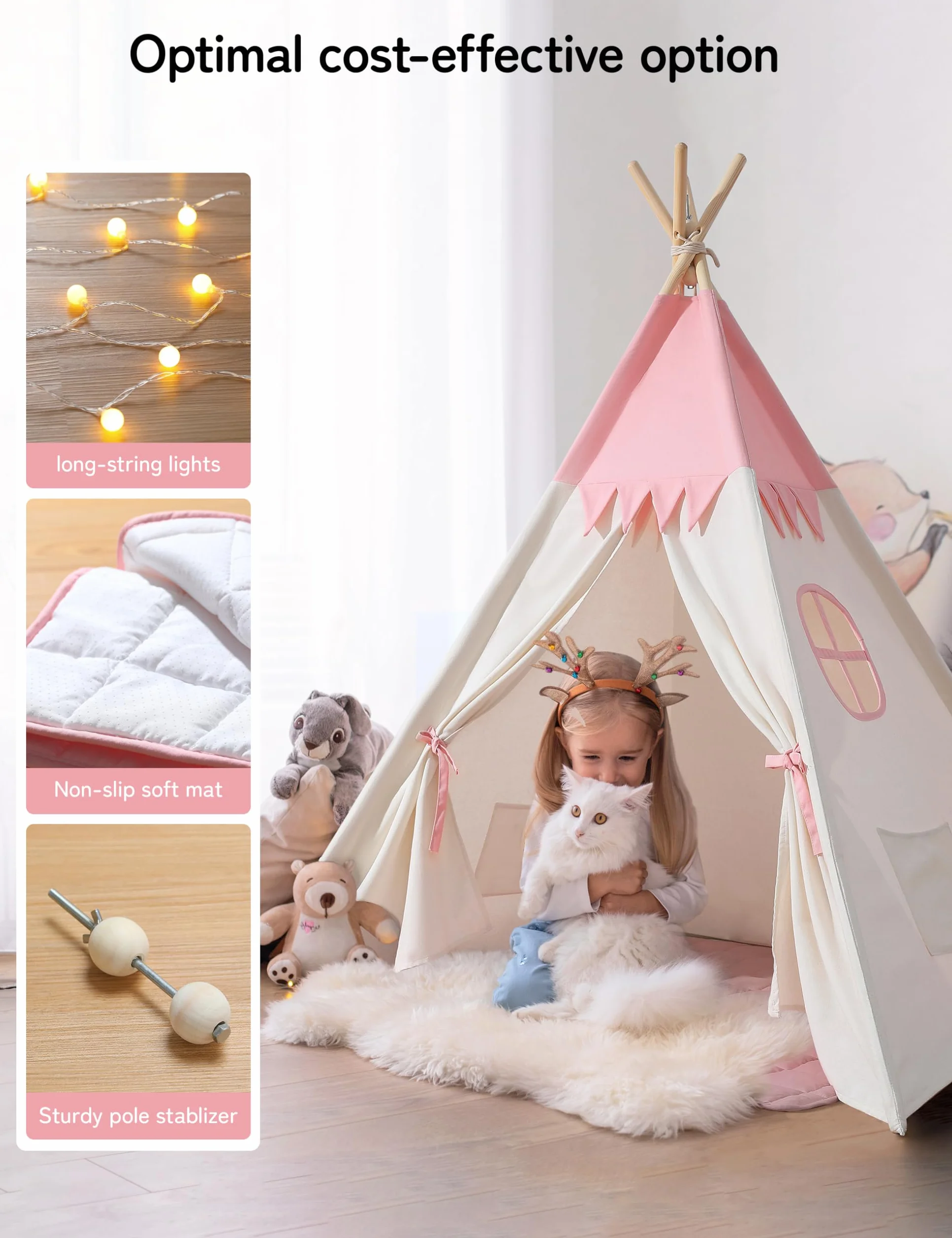 besrey Tipi namiot dla dzieci, Tippi namiot dziecięcy, do wnętrz, tipi dla dzieci, przytulny kącik, namiot do zabawy dla dziewczynek (różowy + biały)