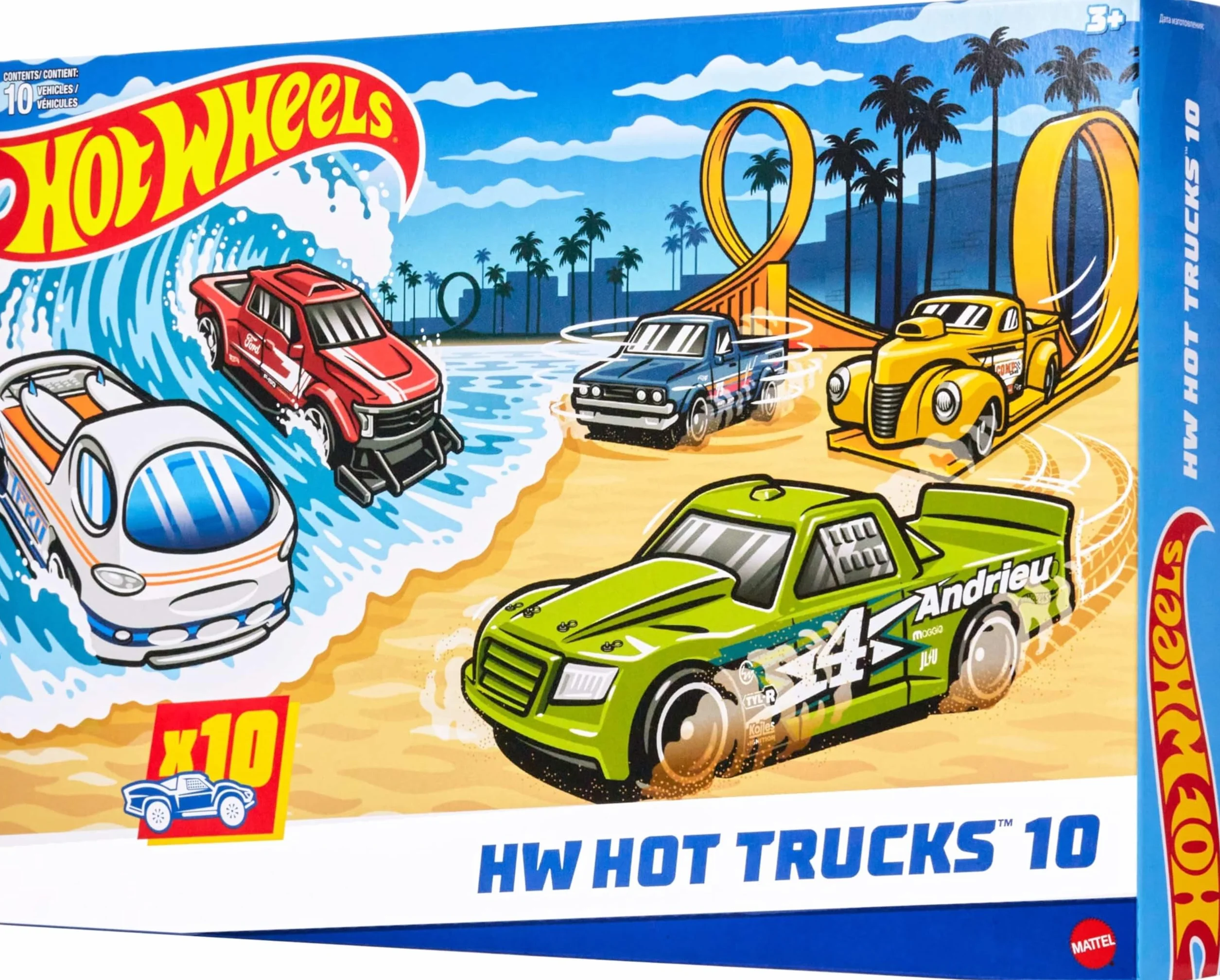 Hot Wheels 10-pak ciężarówek Zestaw samochodów zabawek w skali 1:64 z modelami nowoczesnymi i vintage, pojazdy kaskaderskie, robocze, wyścigowe, vany i ciężarówki (style mogą się różnić), HYM97