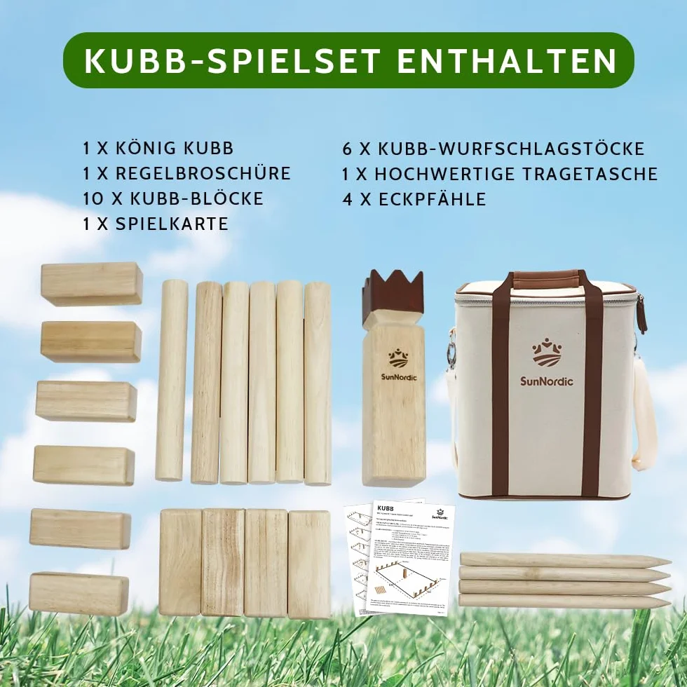 SunNordic Kubb gra rzucania Wikingów, szwedzka gra szachowa z drewna gumowego, torba i instrukcja