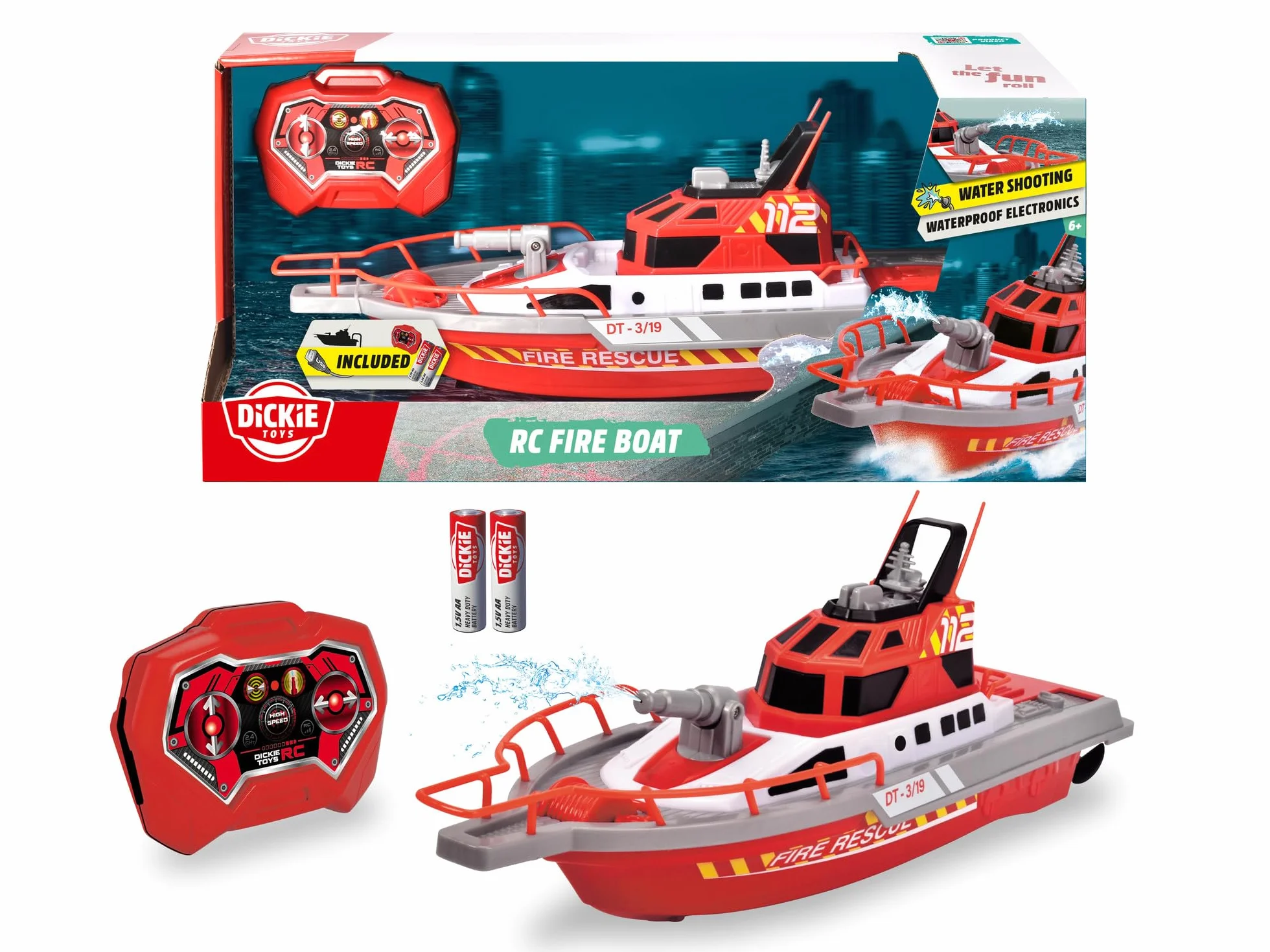 Dickie Toys Łódź Zdalnie Sterowana, Motorówka Straż pożarna 38 cm, wodoszczelna, prędkość 3 km/h, rozpylanie wody, zabawka wodna zdalne sterowanie łódką na basenie, nad jezioro, dla dzieci od 6 lat
