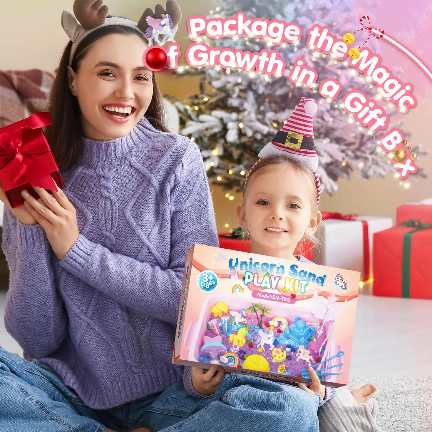 snookids Kolorowy magiczny piasek z naturalnego wosku pszczelego dla dzieci 690 g, zestaw piaskowy z 24 foremkami, 3 jednorożce, pudełko do przechowywania, sensoryczna zabawka dla dzieci 3, 4, 5, 6, 7