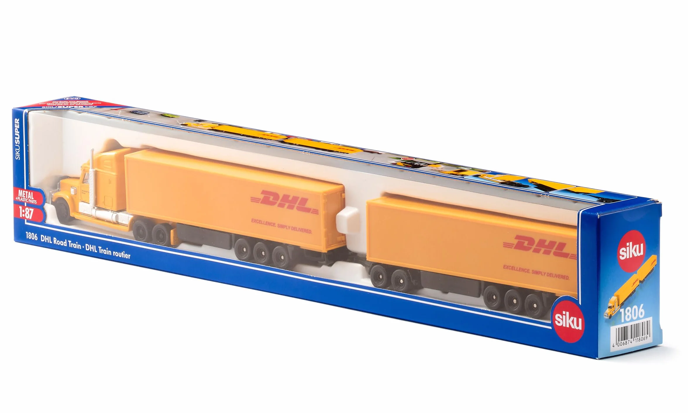 siku 1806, Freightliner DHL Road Train, Ciągnik z naczepą i przyczepą, 1:87, Metal/Tworzywo sztuczne, Żółty, Odłączana naczepa, Otwierane drzwi przyczepy