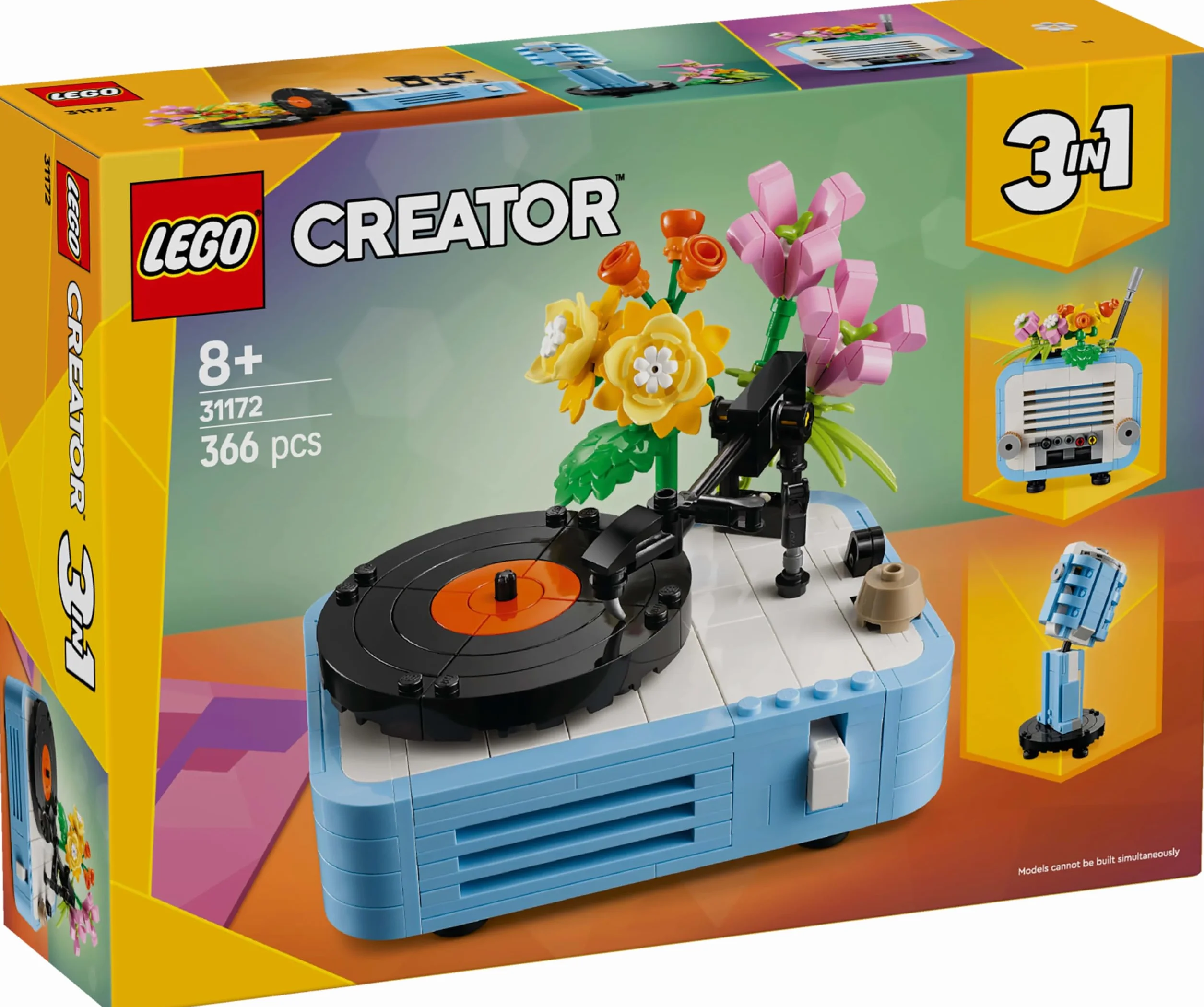 LEGO Creator 3 w 1 Gramofon z kwiatami, zabawka dla dziecka do przebudowania na radio lub mikrofon, zestaw kreatywny, pomysł na prezent muzyczny w stylu retro dla 8-latki, dziewczynki i chłopca 31172