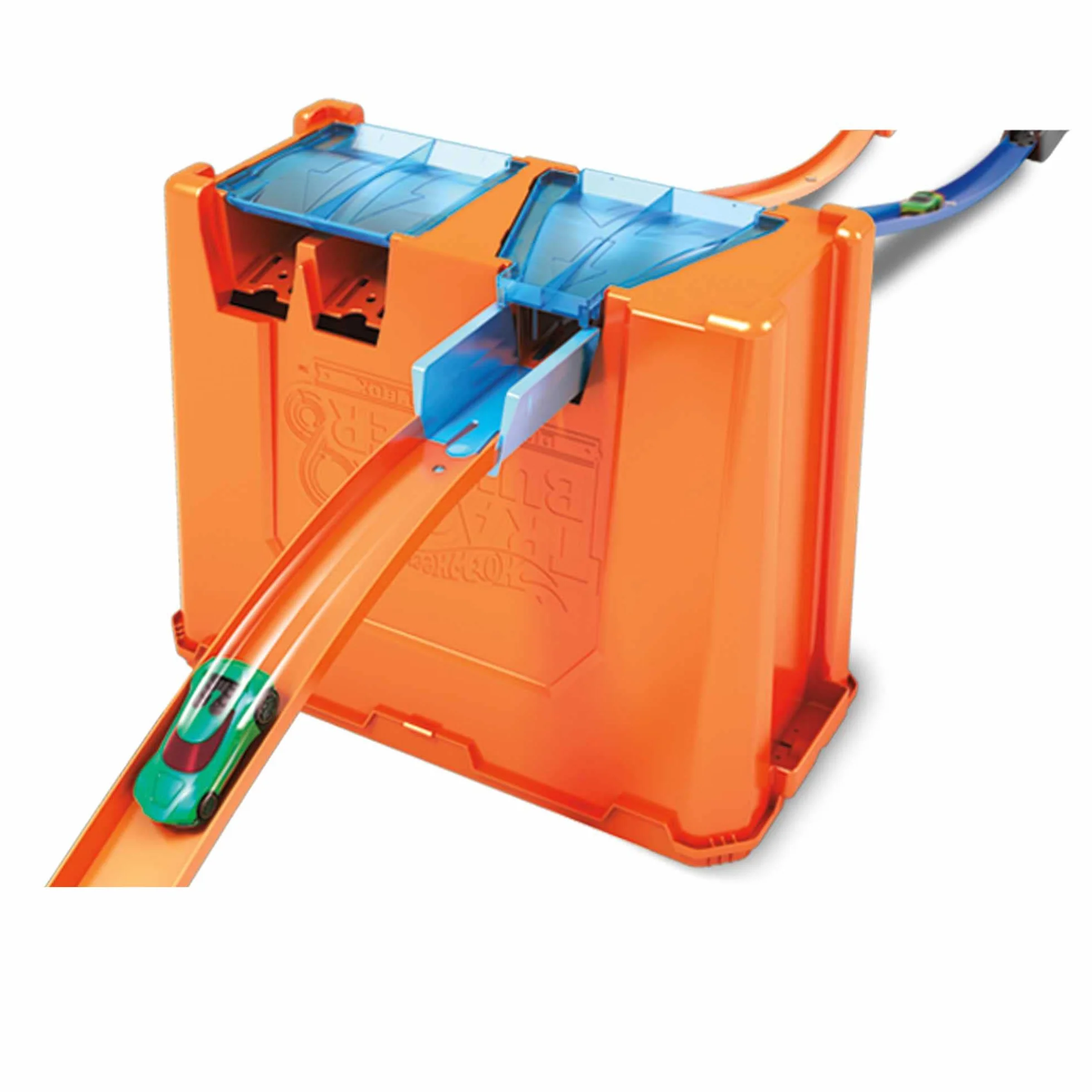 Hot Wheels Deluxe Stunt Box Track Builder Zestaw do Zabawy, Niebieski/Pomarańczowy, Od 6 lat