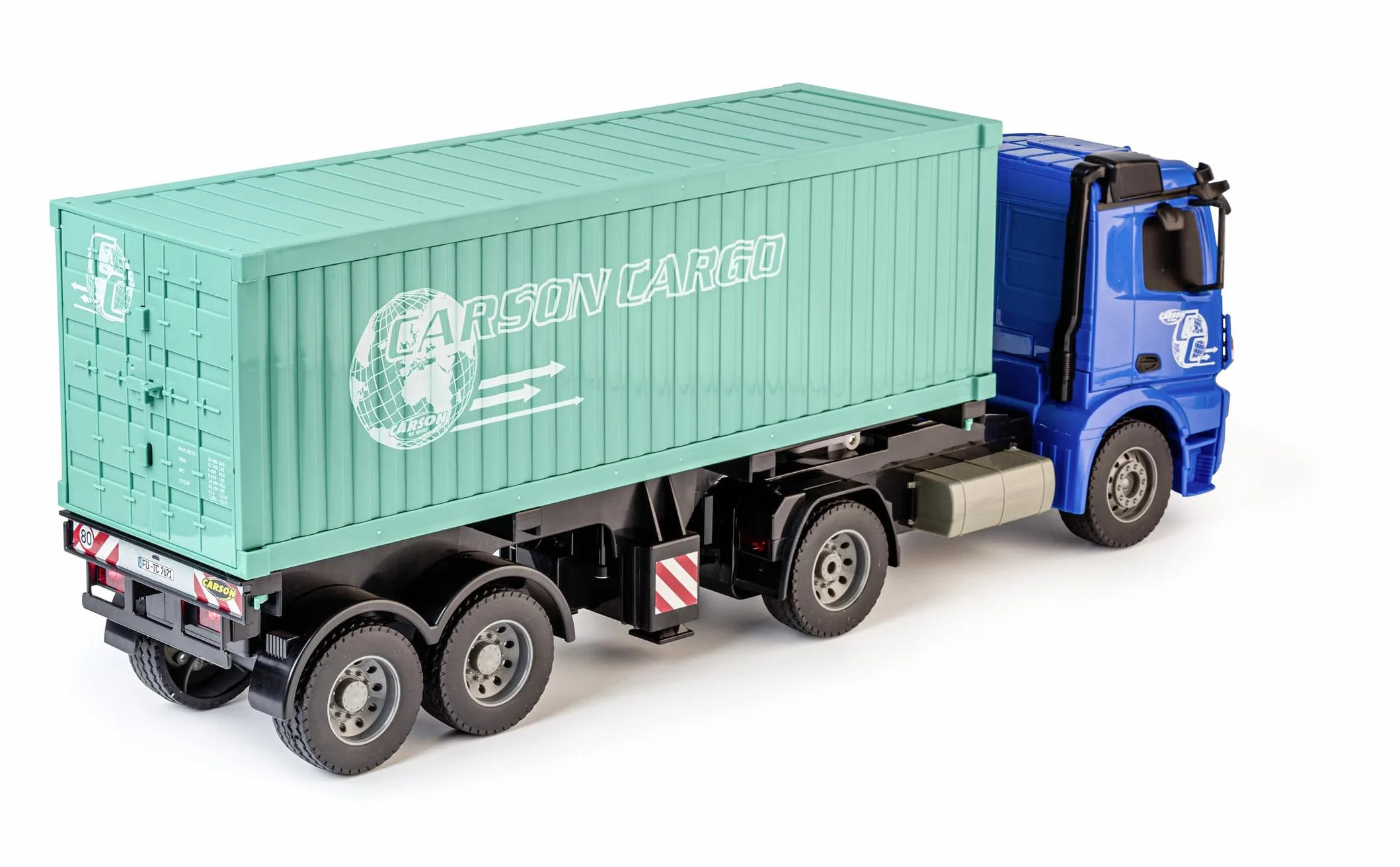 Carson 500907671 1:20 MB Arocs z kontenerem 100% RTR - Pojazd sterowany radiowo, ciężarówka z funkcjami dźwięku i światła, baterie i sterowanie radiowe, 30 minut jazdy