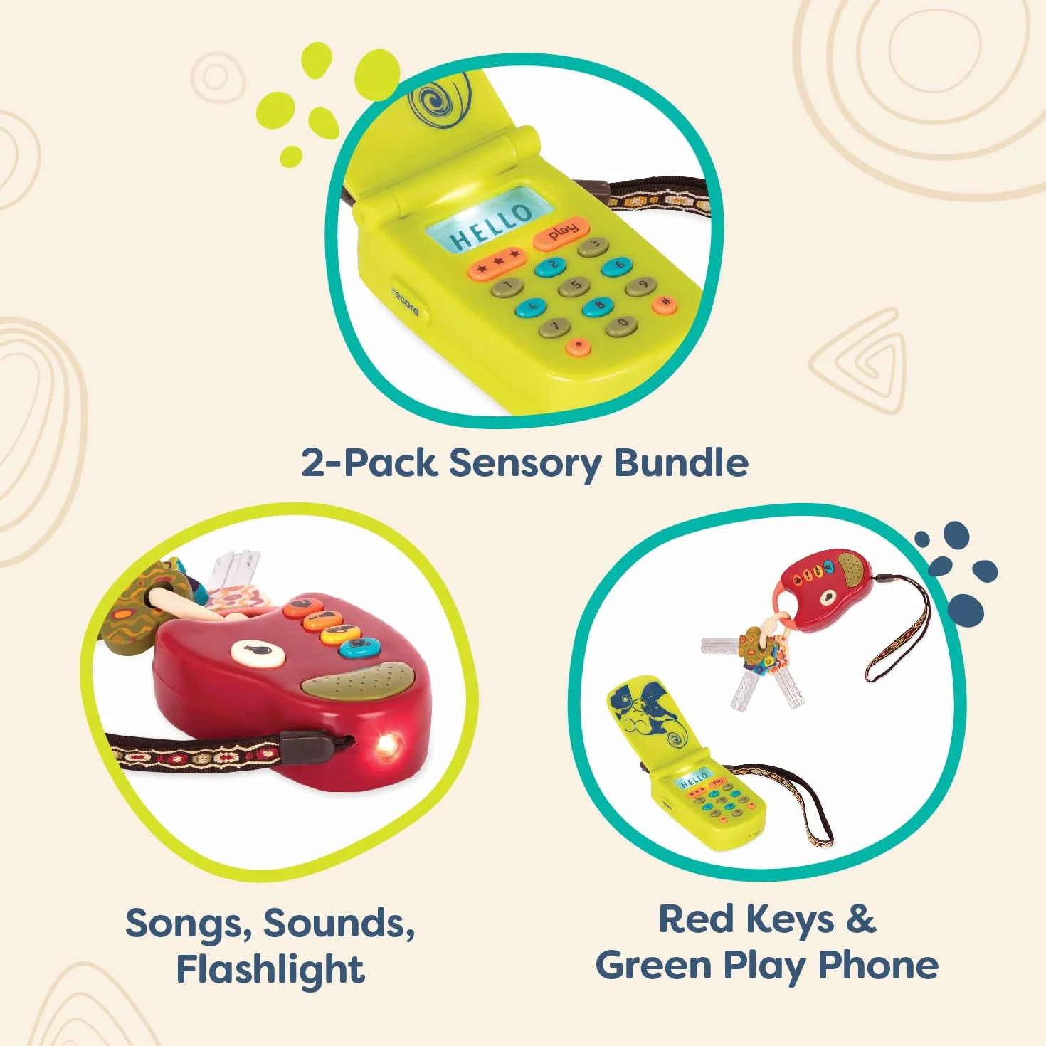 B. toys BX2367Z Cellphone samochodowy – 2 szt. sensory Bundle – developmental Toy for Babies, Toddlers – Red Keys & Green Play Phone – 10 miesięcy + – FunKeys + Hellophone, Multi