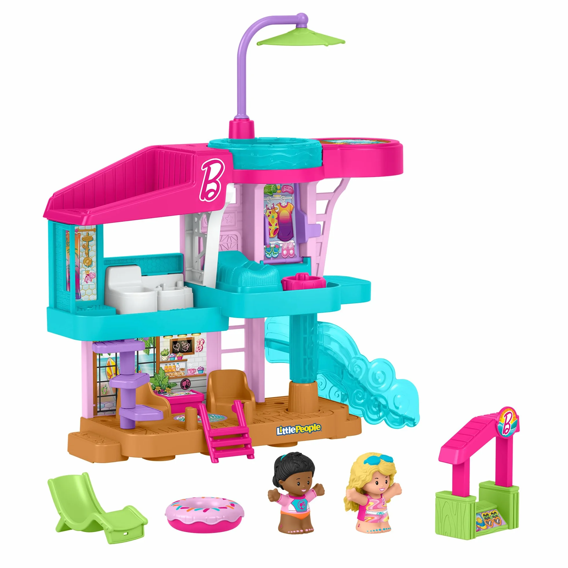 Fisher-Price Little People Barbie Domek Malibu Zestaw z 2 figurkami i akcesoriami do zabawy w naśladowanie, zabawka dla dzieci od 18 miesiąca życia, JCW71